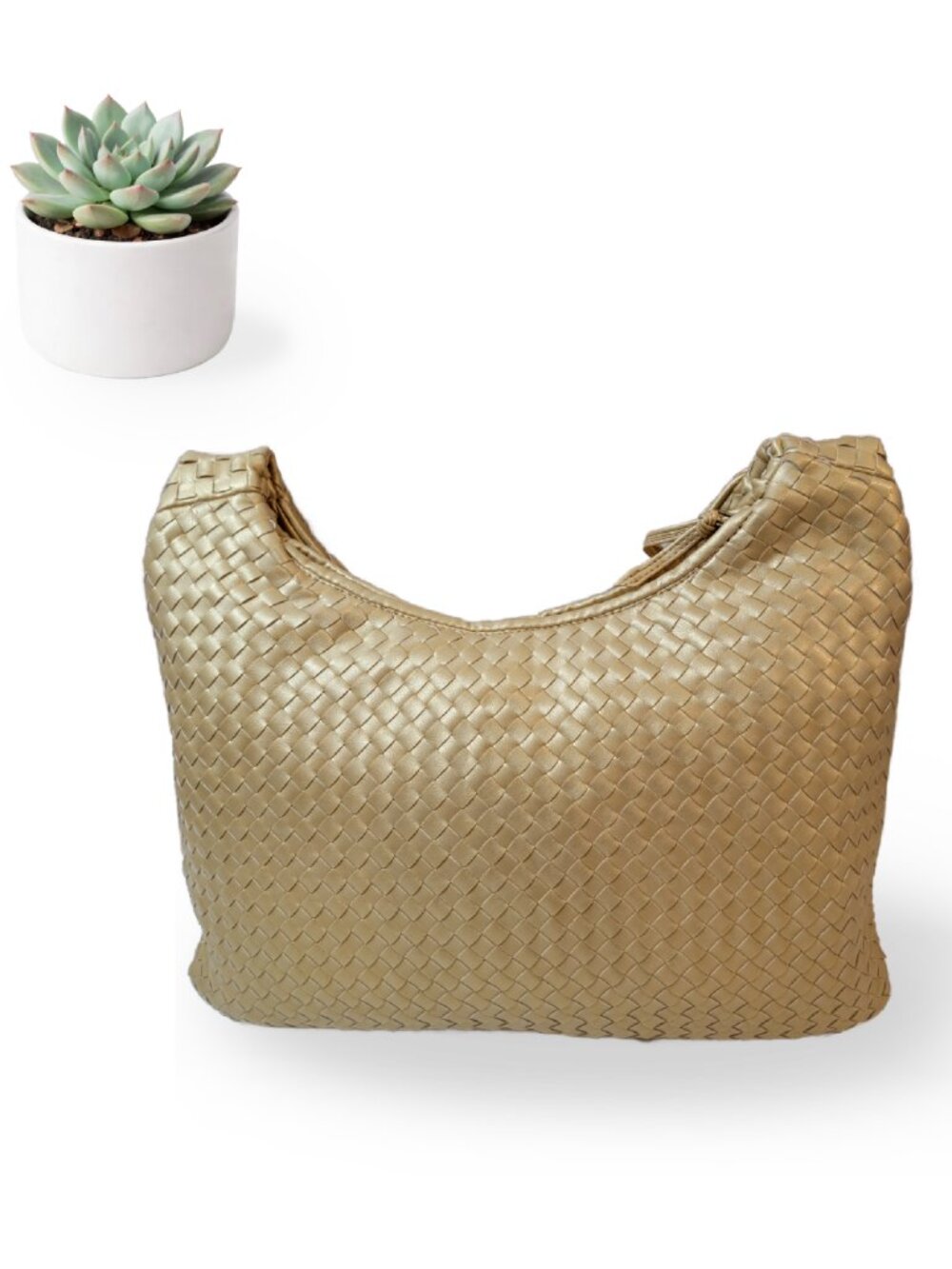 CARA Gold Woven Faux Leather Hobo Shoulder Bag - Picture 2 of 5
